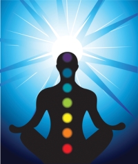 Male silhouette meditating with chakra Male silhouette meditating with chakra